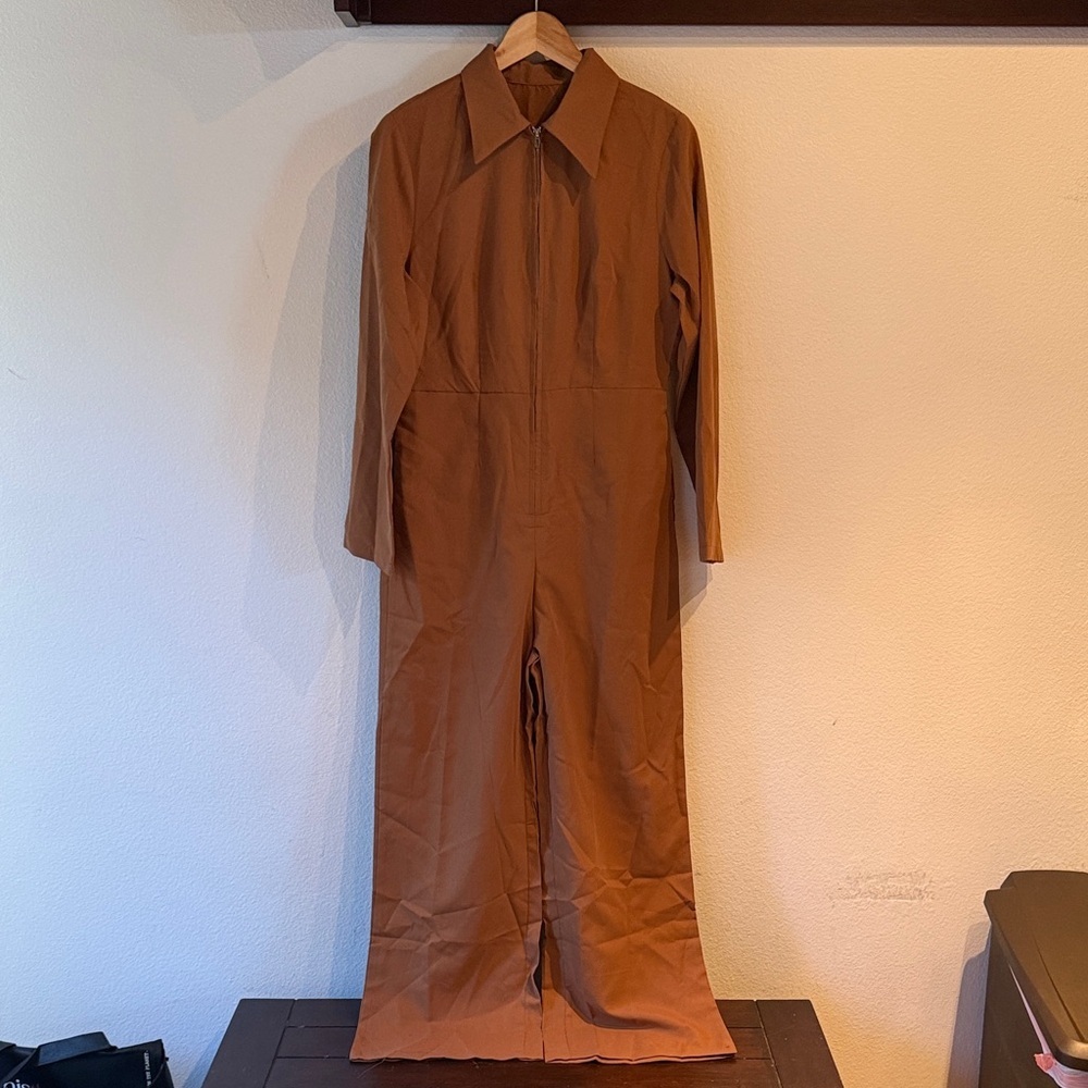Long-Sleeve Zip Front Collared Jumpsuit with Wide Legs, Brown Khaki, Size M